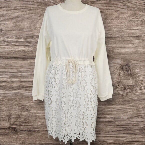 See By Chloe Shirt Dress XS Cream White Jersey Knit Lace Drawstring Long Sleeve - Picture 1 of 11